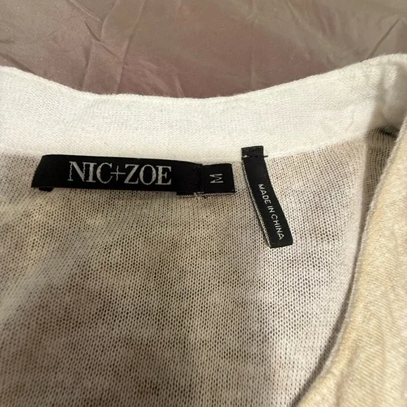 NIC+ZOE Cream/Green Waterfront Short Sleeve Button Tie Sweater Top Medium $128 - Picture 5 of 11
